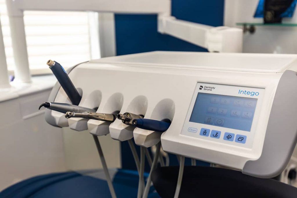 Close-up of dental equipment with tools.