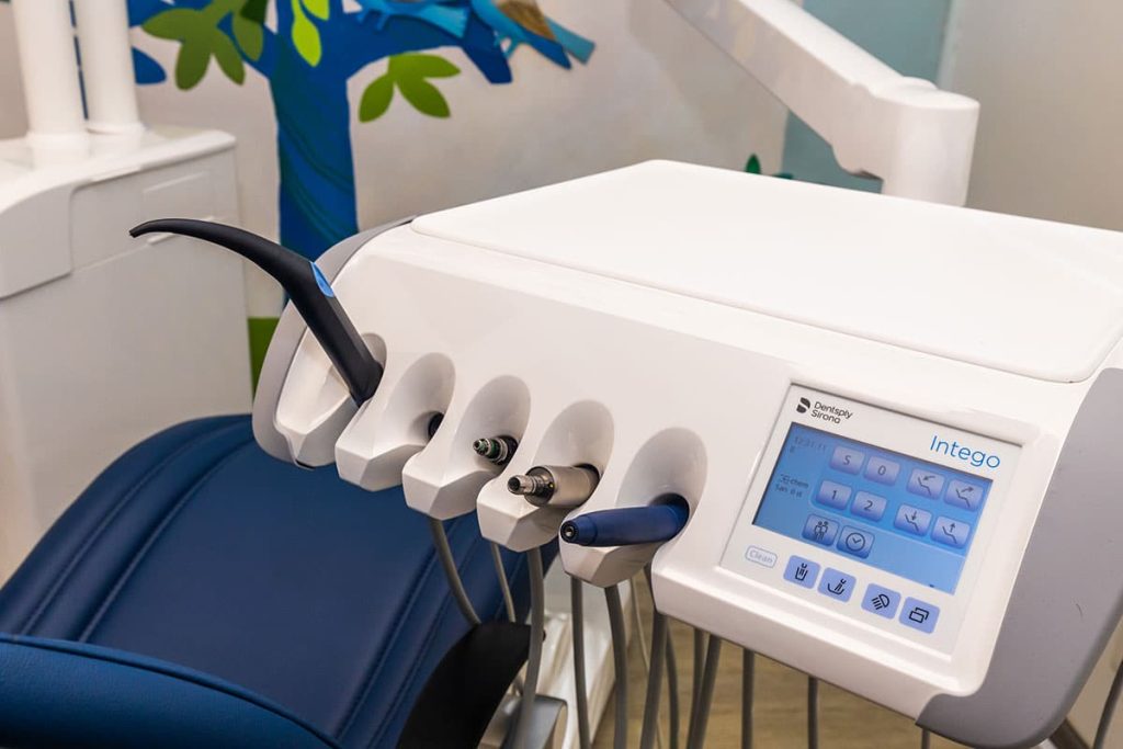 Close-up of dental equipment with tools.